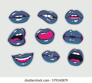Vector stickers kit of female lips with gothic blue lipstick. Woman mouth with a kiss, smile, tongue and teeth isolated. Sign print in comics style. Patches fashion elements in pop art, retro style. 