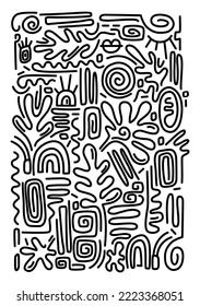 Vector stickers and labels in doodle style. Aesthetic Contemporary printable pattern with abstract Minimal elegant line brush stroke shapes and line in black colors. Simple childish scribble backdrop.