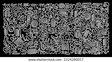 Vector stickers and labels in doodle style. Aesthetic Contemporary printable pattern with abstract Minimal elegant line brush stroke shapes and line in black colors. Simple childish scribble backdrop.