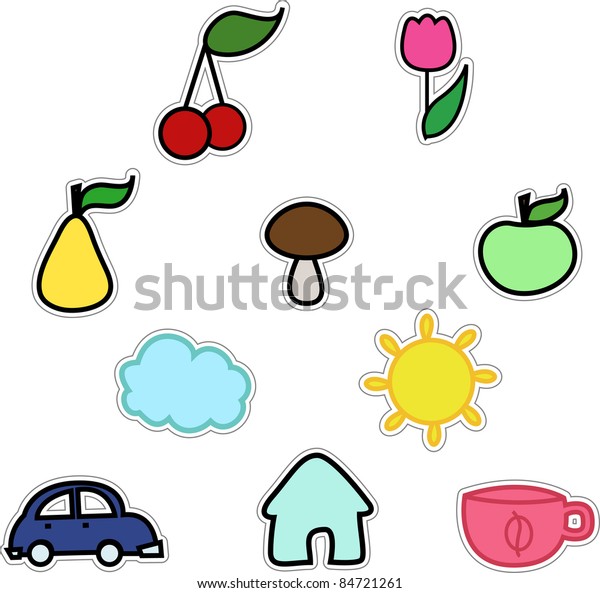 vector stickers like fruits\
sun cloud car flower cup mushroom home isolated on white\
background