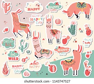 Vector stickers with lovely llamas, flowers and cacti and motivational stickers