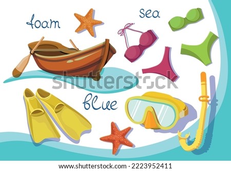 vector stickers nautical paraphernalia, pink and green swimwear, paddle boat, starfish, yellow fins, and snorkel mask