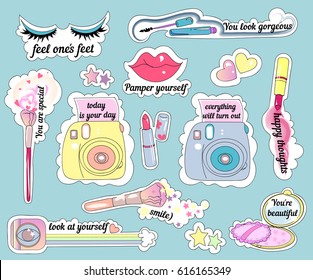 Vector stickers on make-up theme and positive motivation cute girlish bright