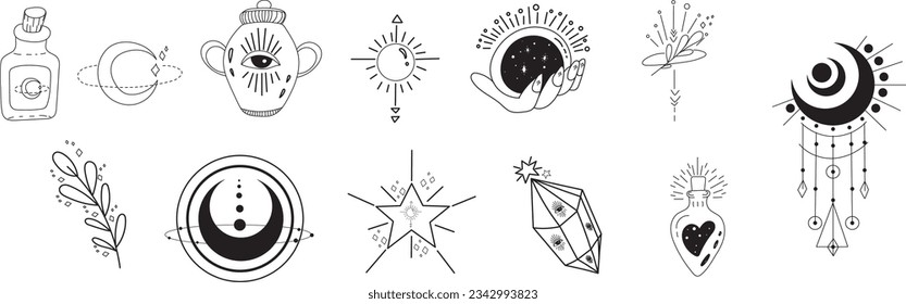 Vector stickers on the theme of astrology. Astrological elements. Linear stickers