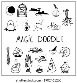 vector stickers on the theme of modern witches.Black and white icons - magic, witchcraft. Spiritual rituals and meditation.Home energy ceremonies. Isolated on the white back. Hand drawn doodle 2021