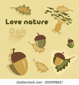 Vector stickers on the theme of nature. Stickers of acorns and oak. Autumn stickers. Vector image.