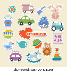 Vector Stickers pack Online order Kid toy Happy childhood Gaming items playing in sand Rattle Car Pyramid Ball Tumbler Rabbit Penguin Sorter Pop it Primary school Elementary grade Kindergarten Game