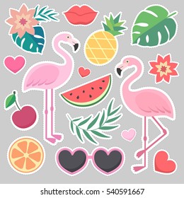 Vector stickers : palm leaves, flamingos, sunglasses, watermelon, hearts, lips.