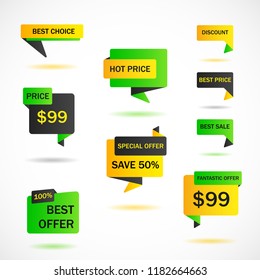 Vector stickers, price tag, banner, label. Coupon sale, offers and promotions vector template. Tags discount collection.