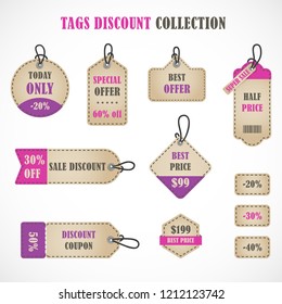 Vector stickers, price tag, banner, label. Coupon sale, offers and promotions vector template. Tags discount collection.