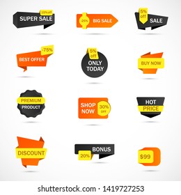 Vector stickers, price tag, banner, label. Coupon sale, offers and promotions vector template.