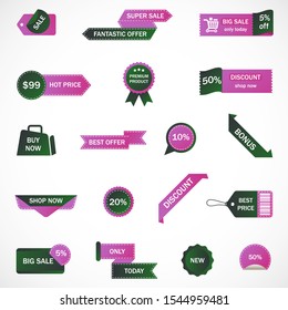 Vector stickers, price tag, banner, label. Coupon sale, offers and promotions vector template.