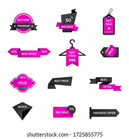 Vector stickers, price tag, banner, label. Coupon sale, offers and promotions vector template.