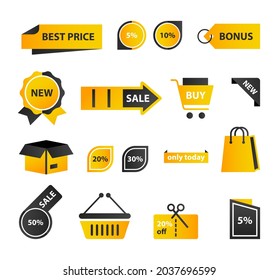 Vector stickers, price tag, banner, label. Coupon sale, offers and promotions vector template. Set of buttons, icons on the theme of shopping, commerce.