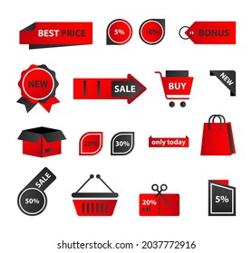 Vector stickers, price tag, banner, label. Coupon sale, offers and promotions vector template. Set of buttons, icons on the theme of shopping, commerce.