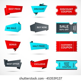 Vector stickers, price tag, banner, label. Coupon sale, offers and promotions vector template.