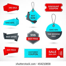 Vector stickers, price tag, banner, label. Coupon sale, offers and promotions vector template.