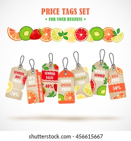 Vector stickers, price tag, banner, label. Coupon sale, offers and promotions vector template. Tag on a shoestring  with tropical fruits.