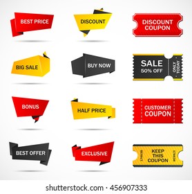 Vector stickers, price tag, banner, label. Coupon sale, offers and promotions vector template.