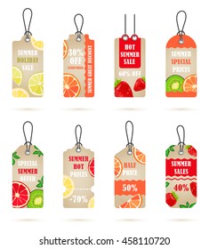 Vector stickers, price tag, banner, label. Coupon sale, offers and promotions vector template. Tag on a shoestring  with tropical fruits.