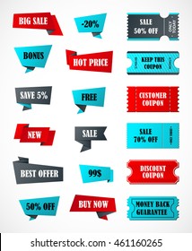 Vector stickers, price tag, banner, label. Coupon sale, offers and promotions vector template.