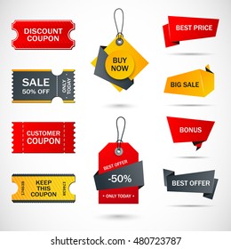 Vector stickers, price tag, banner, label. Coupon sale, offers and promotions vector template.