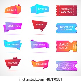 Vector stickers, price tag, banner, label. Coupon sale, offers and promotions vector template.