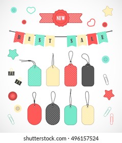 Vector stickers, price tag, banner, label, tag on a shoestring. Coupon sale, offers and promotions vector template. Set for scrap-booking.