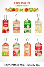 Vector stickers, price tag, banner, label. Coupon sale, offers and promotions vector template. Tag on a shoestring  with tropical fruits.