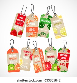 Vector stickers, price tag, banner, label. Coupon sale, offers and promotions vector template. Tag on a shoestring  with tropical fruits.