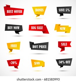 Vector stickers, price tag, banner, label. Coupon sale, offers and promotions vector template.