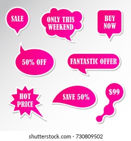 Vector stickers, price tag, banner, speech bubbles, label. Coupon sale, offers and promotions vector template.