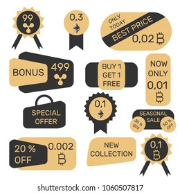 Vector stickers, price tags, banners with bitcoin, ethereum, ripple symbols. Sale, offers and promotions vector template in dark grey and beige colors