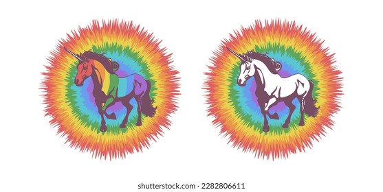 Vector stickers, rainbow unicorn. Magic fabulous white horse with a horn. Mythical artiodactyl animal.