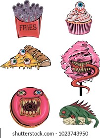 Vector  stickers with scary fonts. Set of horror icons with donut, 
cotton candy, sushi, pizza, cupcake and fries