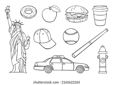 Vector stickers set of American symbols. Travel illustration with American landmarks, food and symbols