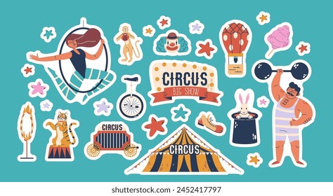 Vector Stickers Set With Circus Artists, Animals And Objects. Amusement Show Clown, Marquee, Strongman And Gymnast