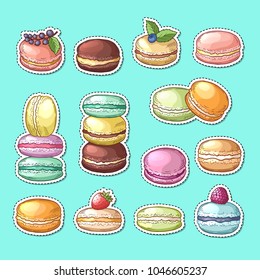 Vector stickers set with colored hand drawn sweet macaroons isolated illustration