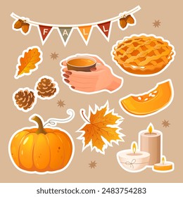 Vector stickers set with cozy autumn symbols includes decorative garland, autumn leaves, big pumpkin, pie and candles.
