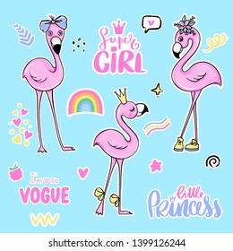 Vector stickers set with cute Pink flamingos and quotes. Summer illustration. Tropical birds isolated on white background. Fashion animals. Bright stickers collection. Trendy patches, pins, badges.