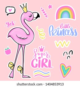 Vector stickers set with cute Pink flamingos and quotes. Summer illustration. Tropical birds isolated on white background. Fashion animals. Bright stickers collection. Trendy patches, pins, badges.