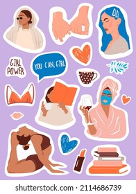 Vector stickers set. Female cartoon badges with. 