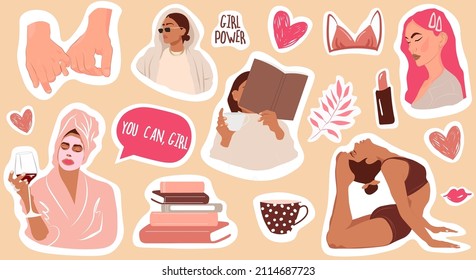 Vector stickers set. Female cartoon badges with. 