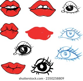 Vector stickers set of female lips and woman eyes collection. Eyelashes, eyes of fatal beauty, bright makeup, with different emotions. Anime cartoon style. Fashion set of patches elements in pop art.