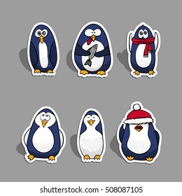 Vector stickers set - funny cartoon Christmas penguins