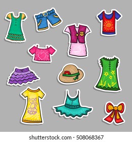 Vector stickers set - kids clothers. Children dress for boys and girls