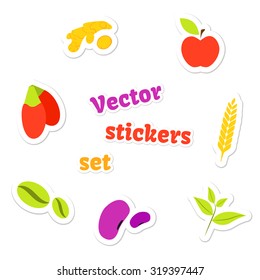 Vector stickers set of natural superfoods: goji berries, green tea, green coffee, wheat, beans, apple, ginger