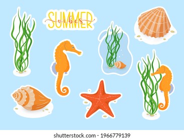 Vector stickers set with ocean or sea animals with white border for cutting. Cute sea horse, starfish, grass, seashells, Summer vibes quote printable stickers for decoration of planners, scrapbooking.