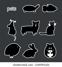 Vector stickers set of pets - turtle, fish, mouse, dog, cat, bird, rabbit and hamster isolated on grey background. Pets stickers set. Pets icons collection. 