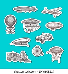 Vector stickers set with steampunk hand drawn dirigibles, bicycles and cars illustration